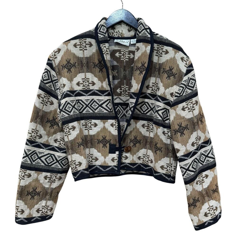 Vintage Aztec Blazer Jacket Western Cropped Cotton Tapestry Size M